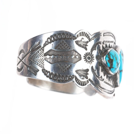 6.5" Wide 30's-40's Navajo sterling silver 3 stone turquoise cuff bracelet