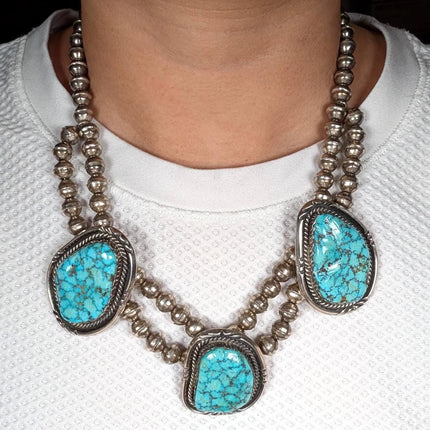 20" Vintage Navajo sterling silver 3 stone necklace with nice turquoise