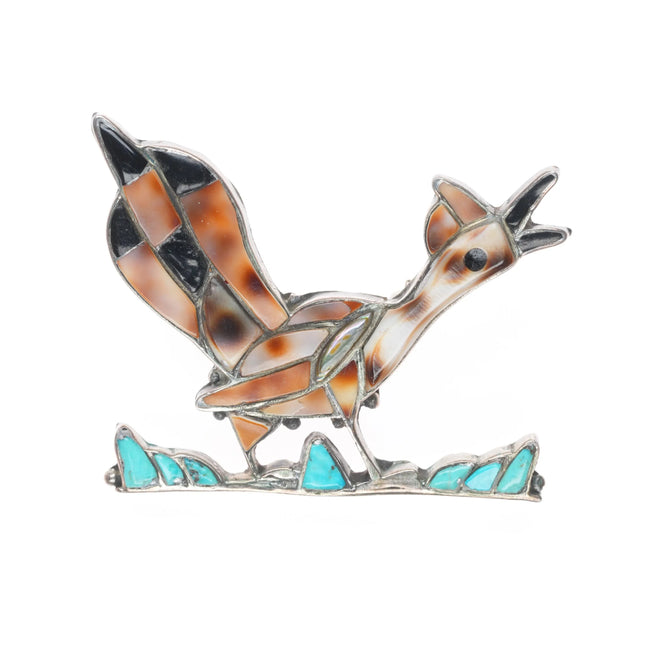 c1950's Zuni sterling silver channel inlay multi-stone/turquoise roadrunner pin