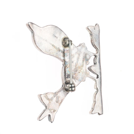c1950's Zuni sterling silver channel inlay multi-stone/turquoise roadrunner pin