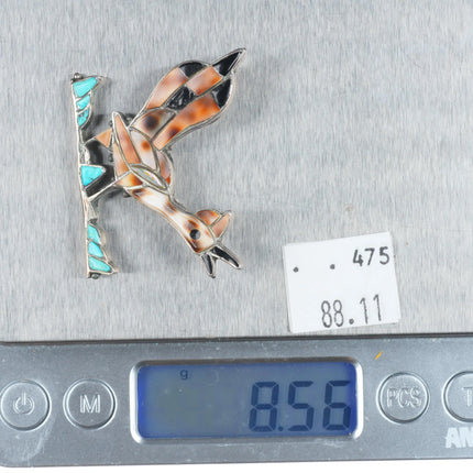 c1950's Zuni sterling silver channel inlay multi-stone/turquoise roadrunner pin