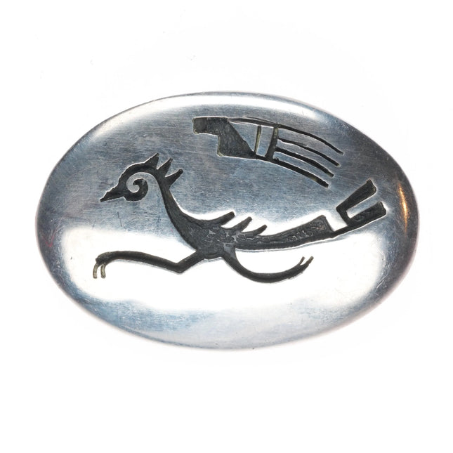 c1960's Walter Polelonema Hopi Overlay Vintage sterling silver roadrunner pin