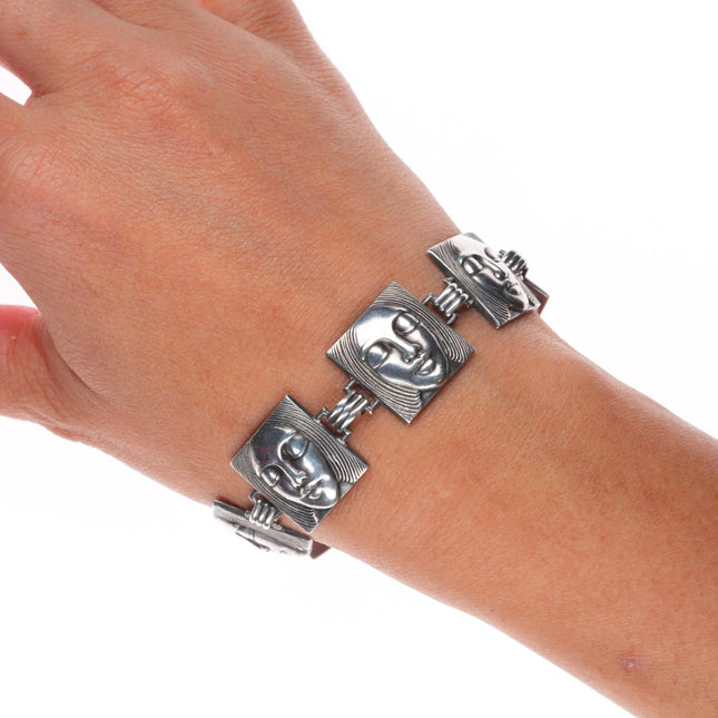 7" Vintage Goldberg Kirschman "Old Crest" Sterling silver faces link bracelet