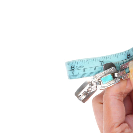 7" Vintage hand stamped sterling silver Fred Harvey turquoise link bracelet