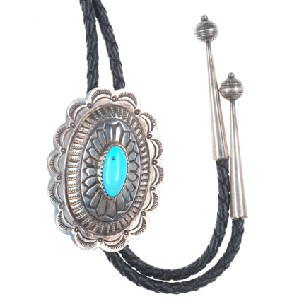 Vintage Joe Paul Navajo sterling silver concho style bolo tie w/turquoise