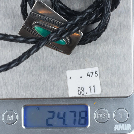 Vintage40's-50's Navajo sterling silver bolo tie with green turquoise