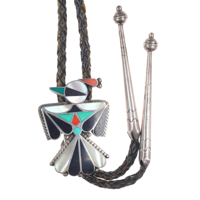 c1970 Zuni sterling silver turquoise/shell/coral thunderbird vintage bolo tie