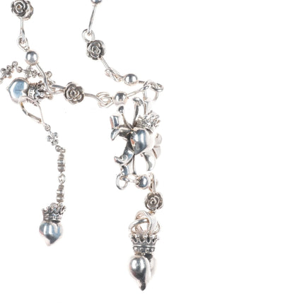 Queen/King Baby Maltese Cross Heart Crowned Rose Sterling Silver Rosary Necklace