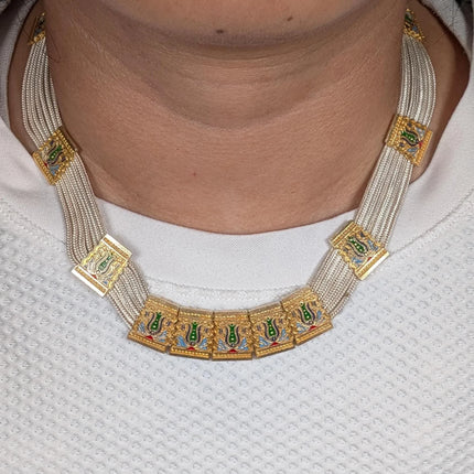 Vintage Turkish sterling silver multi-strand choker set gilt enamel
