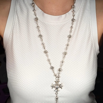 Queen/King Baby Maltese Cross Heart Crowned Rose Sterling Silver Rosary Necklace