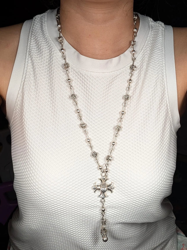 Queen/King Baby Maltese Cross Heart Crowned Rose Sterling Silver Rosary Necklace