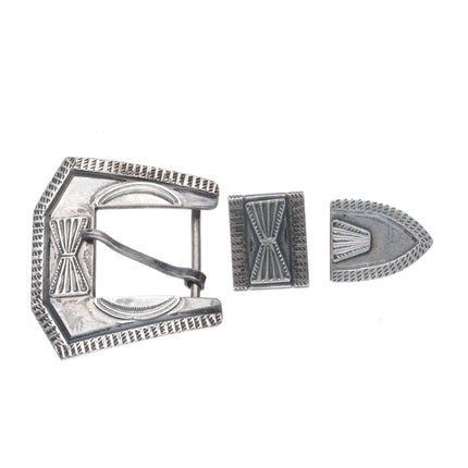 40's-50's Navajo hand stamped sterling silver 3/4" ranger belt buckle set