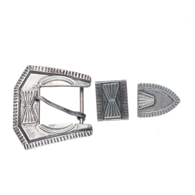 40's-50's Navajo hand stamped sterling silver 3/4" ranger belt buckle set