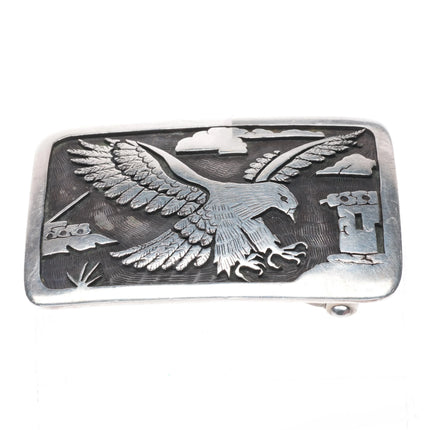 Joe Josytewa Hopi Overlay eagle belt buckle sterling silver vintage