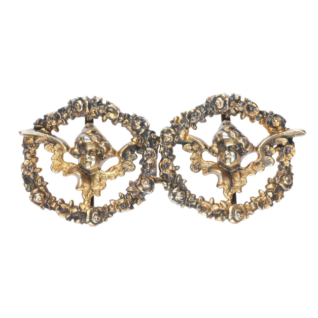 Antique William Kerr American gilt sterling silver cherubs 2 pc belt buckle set