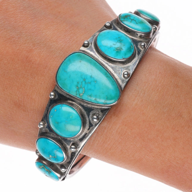 7.1" 30's-40's Ingot silver Navajo graduated row cuff bracelet w/nice turquose
