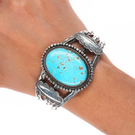 7" 1930's Ingot Silver #8 Turquoise deep stamped Navajo carinated cuff bracelet
