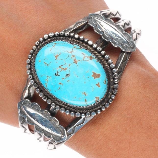 7" 1930's Ingot Silver #8 Turquoise deep stamped Navajo carinated cuff bracelet