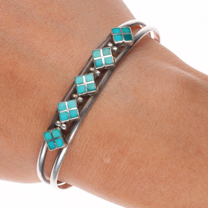 6.1" Vintage Dishta Zuni sterling silver flush inlay turquoise cuff bracelet