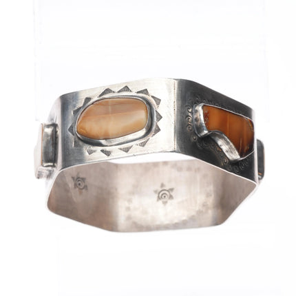 8" TH Southwestern sterling silver fossil/petrified bone/jasper bangle bracelet