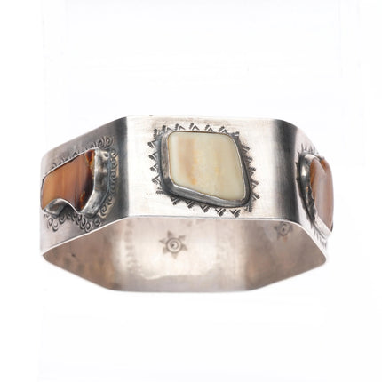 8" TH Southwestern sterling silver fossil/petrified bone/jasper bangle bracelet