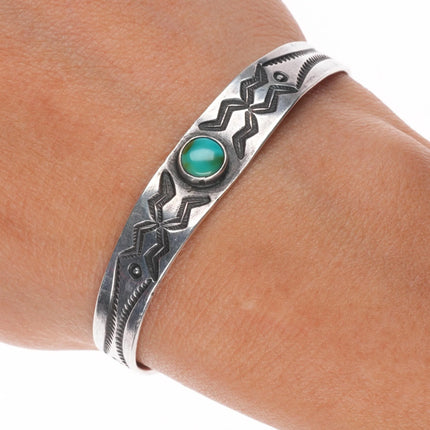 6" 1930's Navajo slim deep stamped ingot silver turquoise cuff bracelet sterling