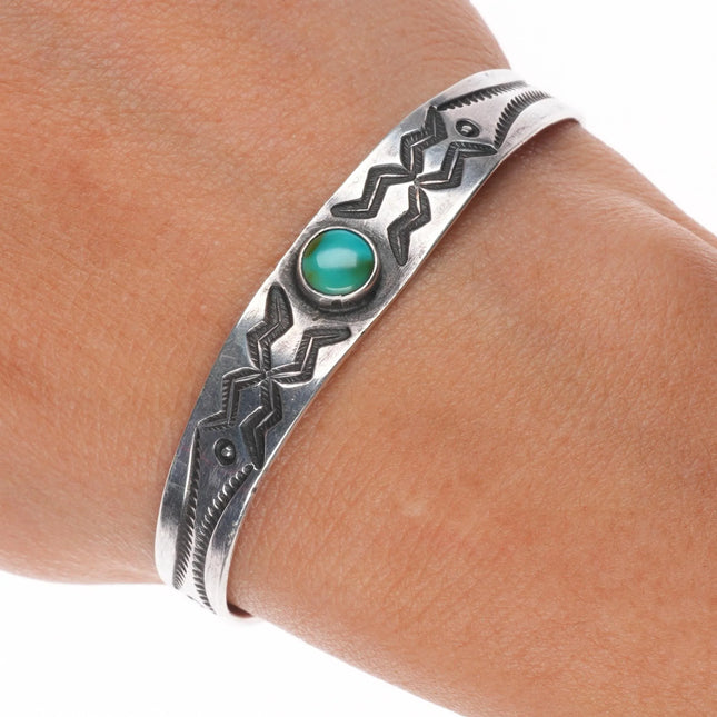 6" 1930's Navajo slim deep stamped ingot silver turquoise cuff bracelet sterling