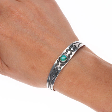 6" 1930's Navajo slim deep stamped ingot silver turquoise cuff bracelet sterling