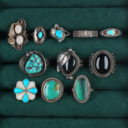 sz2.5-8 Navajo/Zuni/Southwestern sterling silver turquoise/onyx/shell rings lot
