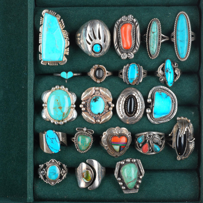 sz5-13 Navajo/Zuni/Southwestern sterling silver turquoise/onyx/coral rings lot