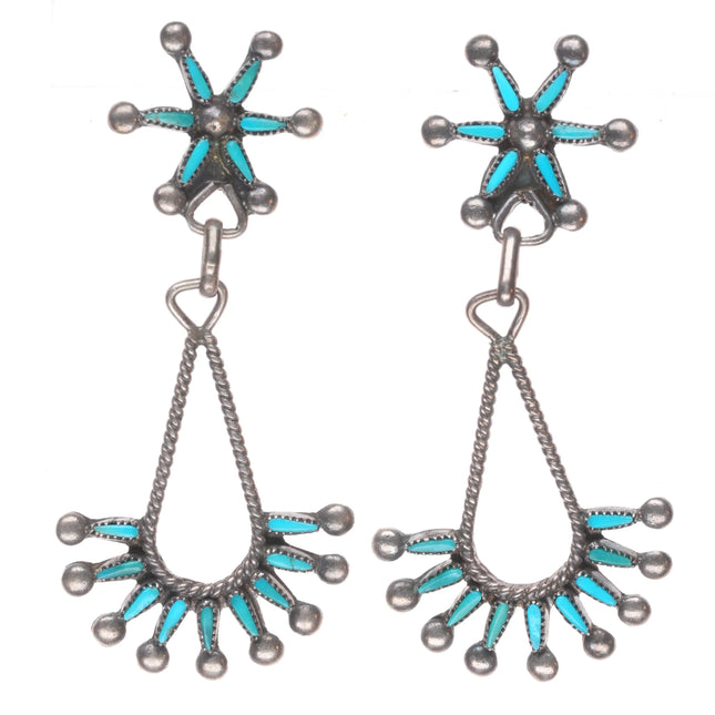 Vintage Large Zuni sterling silver needlepoint turquoise dangly earrings