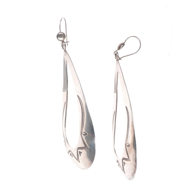 Ike Wilson (1900-1942) Navajo large sterling silver dangly hand stamped earrings