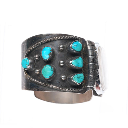 7.1" 1978 Navajo sterling silver turquoise cluster watch cuff bracelet