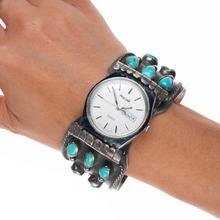 7.1" 1978 Navajo sterling silver turquoise cluster watch cuff bracelet
