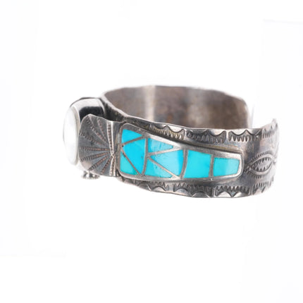 6" Vintage F.W. Zuni sterling silver channel inlay turquoise watch cuff bracelet