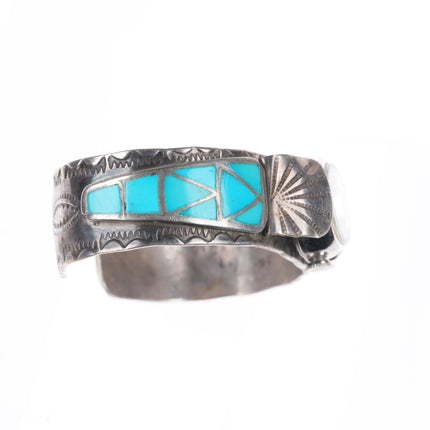 6" Vintage F.W. Zuni sterling silver channel inlay turquoise watch cuff bracelet