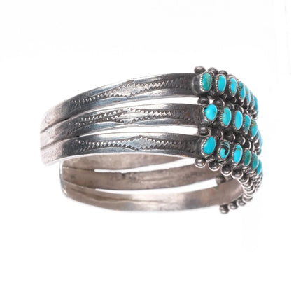 6.2" 30's-40's Zuni slanted 3 row turquoise sterling silver cuff bracelet