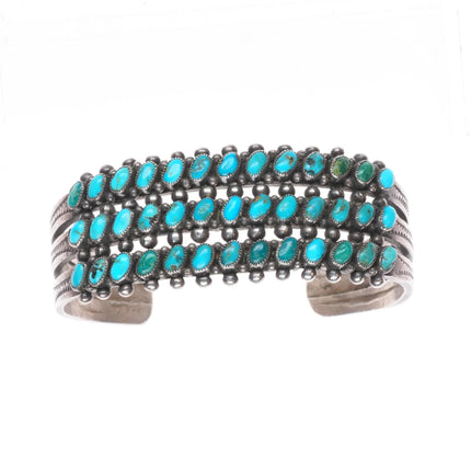 6.2" 30's-40's Zuni slanted 3 row turquoise sterling silver cuff bracelet