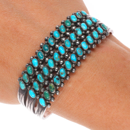 6.2" 30's-40's Zuni slanted 3 row turquoise sterling silver cuff bracelet