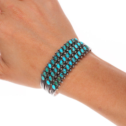 6.2" 30's-40's Zuni slanted 3 row turquoise sterling silver cuff bracelet