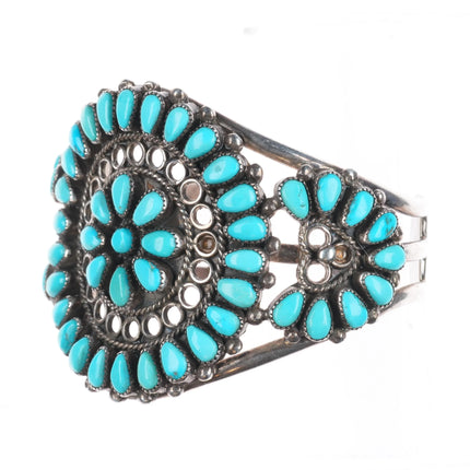 6.75" 50's-60's HTM Zuni Sterling silver turquoise cluster cuff bracelet