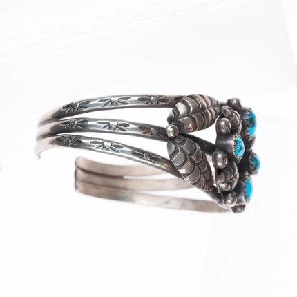 6.25" 1960's Navajo sterling silver DS featherwork cuff bracelet w/turquoise