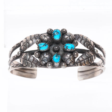 6.25" 1960's Navajo sterling silver DS featherwork cuff bracelet w/turquoise