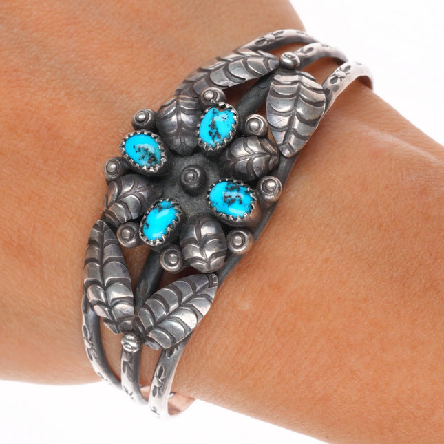 6.25" 1960's Navajo sterling silver DS featherwork cuff bracelet w/turquoise
