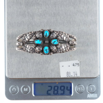 6.25" 1960's Navajo sterling silver DS featherwork cuff bracelet w/turquoise