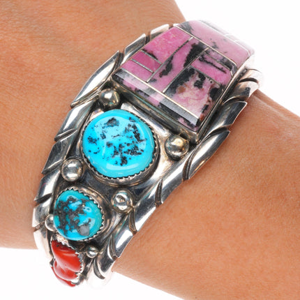 6.1" Al Lee Navajo Rhodonite, turquoise, coral - Sterling silver cuff bracelet