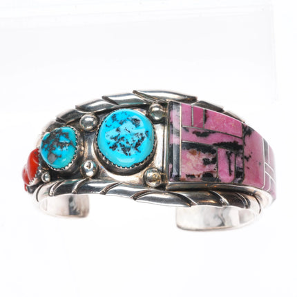 6.1" Al Lee Navajo Rhodonite, turquoise, coral - Sterling silver cuff bracelet