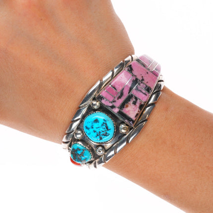 6.1" Al Lee Navajo Rhodonite, turquoise, coral - Sterling silver cuff bracelet