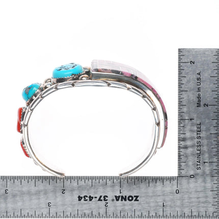 6.1" Al Lee Navajo Rhodonite, turquoise, coral - Sterling silver cuff bracelet