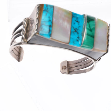 6.4" Vintage sterling silver turquoise, shell, wood, malachite cuff bracelet